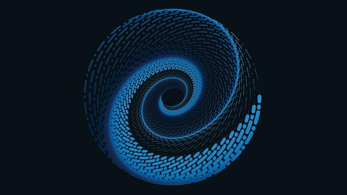 Abstarct spiral dotted spinning vortex background in dark blue.