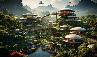 AI generated Futuristic village in eco architectural style photo