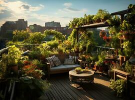 AI generated Lush rooftop garden, tranquil space for urban dwellers photo