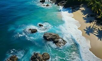 AI generated Aerial view of sea beach waves on a tropical island photo