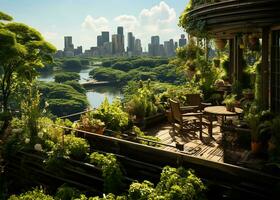 AI generated Lush rooftop garden, tranquil space for urban dwellers photo