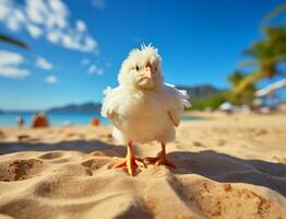 AI generated chicken exploring a sunny, sandy beach photo