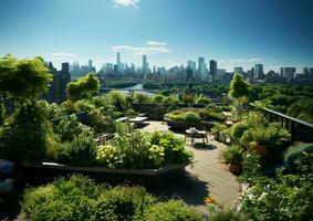 AI generated Lush rooftop garden, tranquil space for urban dwellers photo