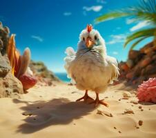 ai generado pollo explorador un soleado, arenoso playa foto