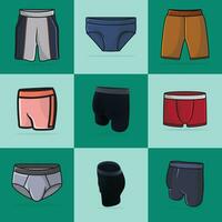 Collection Of 9 Boys Comfortable Underwear Shorts vector illustration. Sports and fashion objects icon concept.