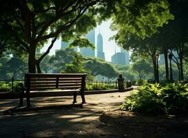 ai generado un público parque conjunto en contra el fondo de Alto edificios en un metrópoli ciudad centrar foto