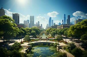 AI generated a public park set against the backdrop of high-rise buildings in a metropolis city center photo