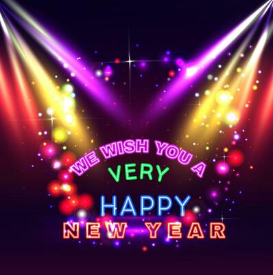 Happy New Year Greeting With Colorful Neon Spotlights