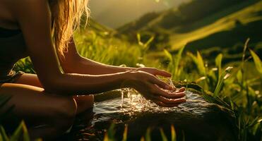 AI generated hands of a girl who travels through the mountains, captured as she washes her hands with a stunning glamping view of nature in the background photo