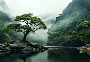 AI generated solitary tree growing in the midst of a jungle on a foggy day photo