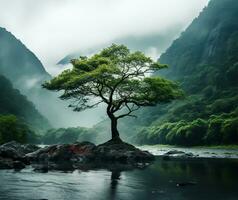 AI generated solitary tree growing in the midst of a jungle on a foggy day photo