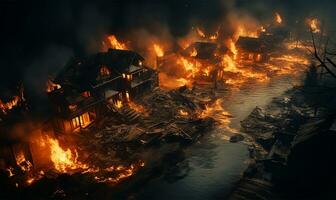AI generated the burning ruins of deserted and destroyed houses photo