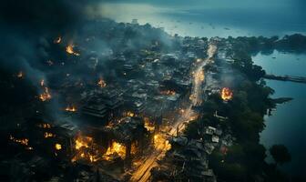 AI generated the burning ruins of deserted and destroyed houses photo