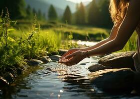 AI generated hands of a girl who travels through the mountains, captured as she washes her hands with a stunning glamping view of nature in the background photo