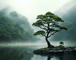 AI generated solitary tree growing in the midst of a jungle on a foggy day photo