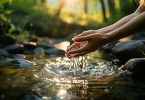 AI generated hands of a girl who travels through the mountains, captured as she washes her hands with a stunning glamping view of nature in the background photo