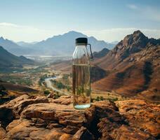 ai generado agua botella en pie prominentemente en el primer plano foto