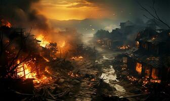 AI generated the burning ruins of deserted and destroyed houses photo