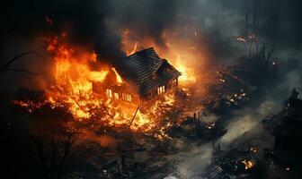 AI generated the burning ruins of deserted and destroyed houses photo