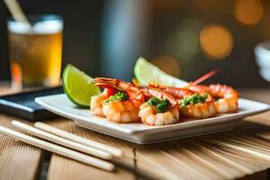 AI generated a plate of shrimp with lime and chopsticks. AI-Generated photo