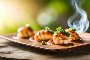 AI generated three scallops on a wooden plate with smoke coming out of it. AI-Generated photo