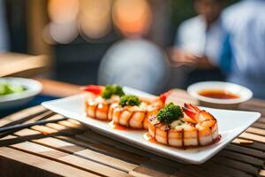 AI generated a plate of shrimp on a wooden table. AI-Generated photo
