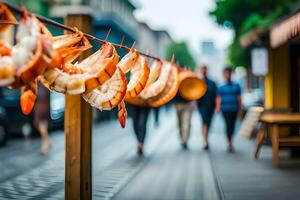 AI generated shrimp hanging on a rope in a city street. AI-Generated photo