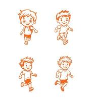 conjunto de chico corriendo en bueno estado animico para divertido, vector ilustración contorno de linda masculino personaje