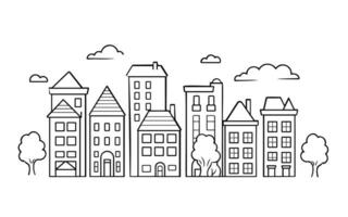 black white vector cityscape skyline sketch, City landscape. Line urban backdrop, Outline graphic