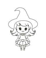 Cute cartoon magician woman with hat and wearing dress, black outline coloring book concept vector