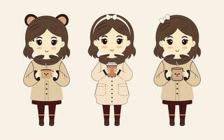 Set of cute girl or woman wearing hoodie and holding cup drink coffee and smile ,vector illustration vector