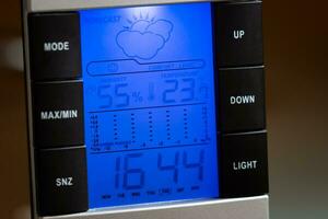 Home digital weather station outside shows temperature humidity, clock and weather forecast photo