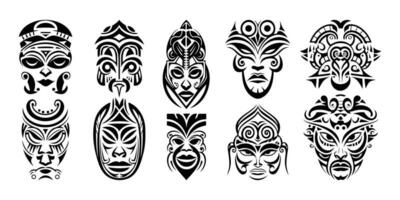 tradicional mascaras con humano caras conjunto -tribal símbolo en negro y blanco, gente Arte vector