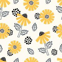 Seamless pattern with abstract yellow daisies. Botanical design for banner, wall art, cards, prints and fabrics. Hand drawn flowers chamomile vector