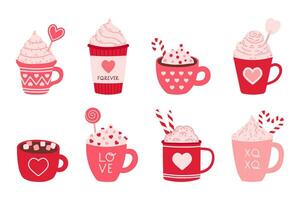 caliente bebidas para San Valentín día. acogedor rojo y rosado tazas con corazones. mano dibujado vector ilustración