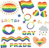 Vector set of LGBTQ community symbols with pride flags, gender signs, retro rainbow colored elements. Pride month stickers. Gay parade groovy celebration. LGBT flat style icons and slogan collection.