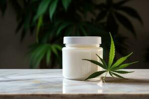 AI generated Medicinal hemp cream with green hemp leaves photo