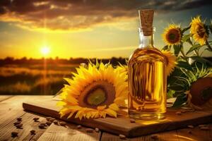 AI generated Sunflower oil and sunflower flowers photo