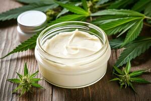 AI generated Medicinal hemp cream with green hemp leaves photo