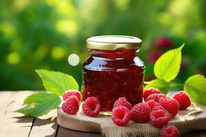 AI generated Raspberry jam in jar on wooden table photo