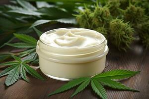 AI generated Medicinal hemp cream with green hemp leaves photo