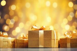 AI generated Christmas background with golden presents or gifts in box photo