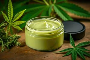 AI generated Medicinal light green hemp ointment with green hemp leaves photo
