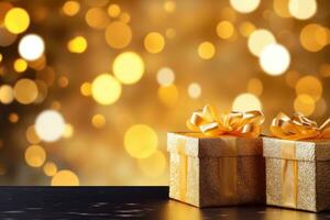 AI generated Christmas background with golden presents or gifts in box photo