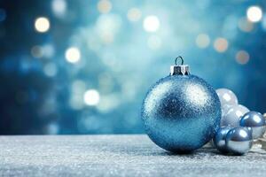 AI generated Christmas background with Christmas decorations. Blue balls and silver snowflakes photo