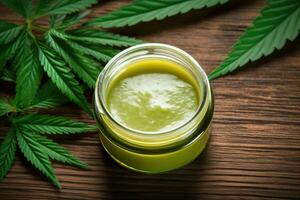 AI generated Medicinal light green hemp cream with green hemp leaves photo