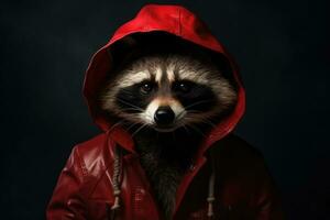 ai generado mapache en un rojo encapuchado chaqueta foto