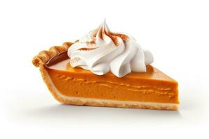 AI generated Slice of traditional pumpkin pie with cream for Thanksgiving day or Halloween isolated on white background photo