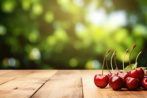 AI generated Fresh cherry on wooden table with blurred organic farm background, space for product display. photo