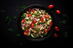AI generated Tuna salad in a bowl on a dark background photo